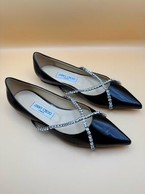 Jimmy Choo Black Patent Pointed Toe Flats with Crystal Cross Straps Size 8